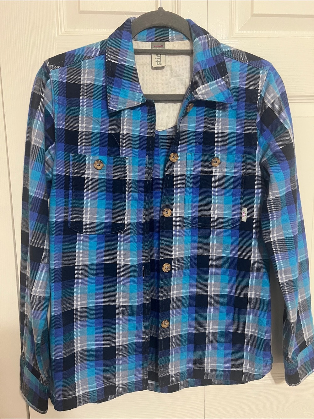 Blue flannel Stio “shacket”